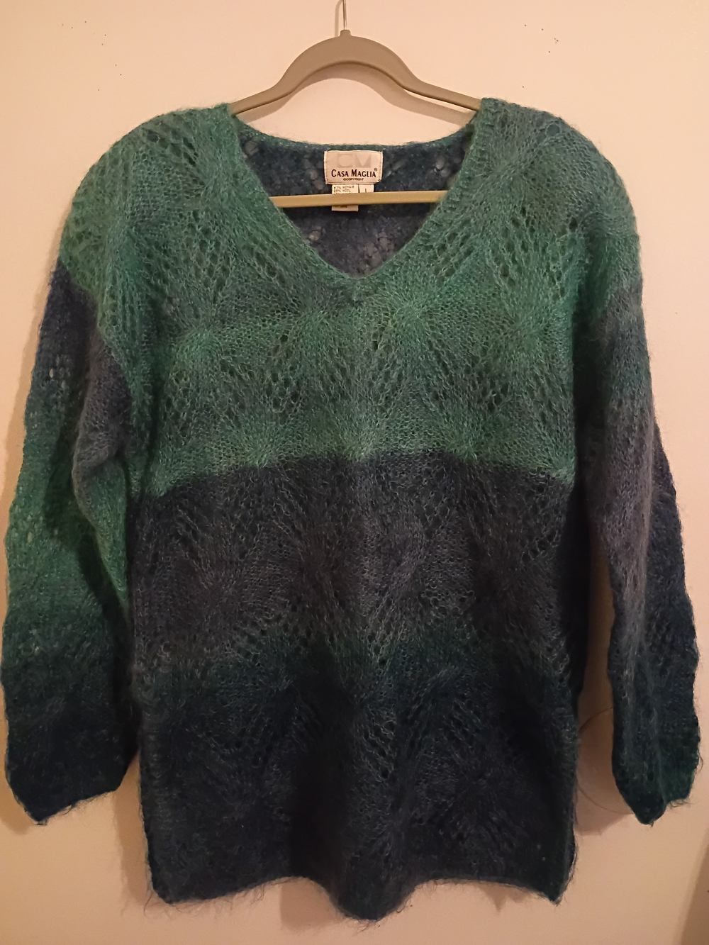 VTG Aqua and Blue V-Neck Mohair Blend Sweater Sz L